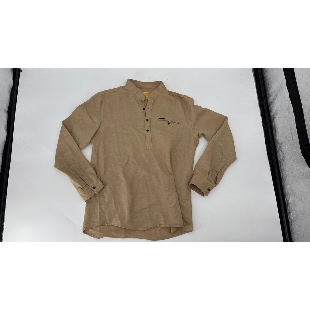 G Graller Mens Tan Khaki Long Sleeve Henley Mandarin Collar Shirt Size L